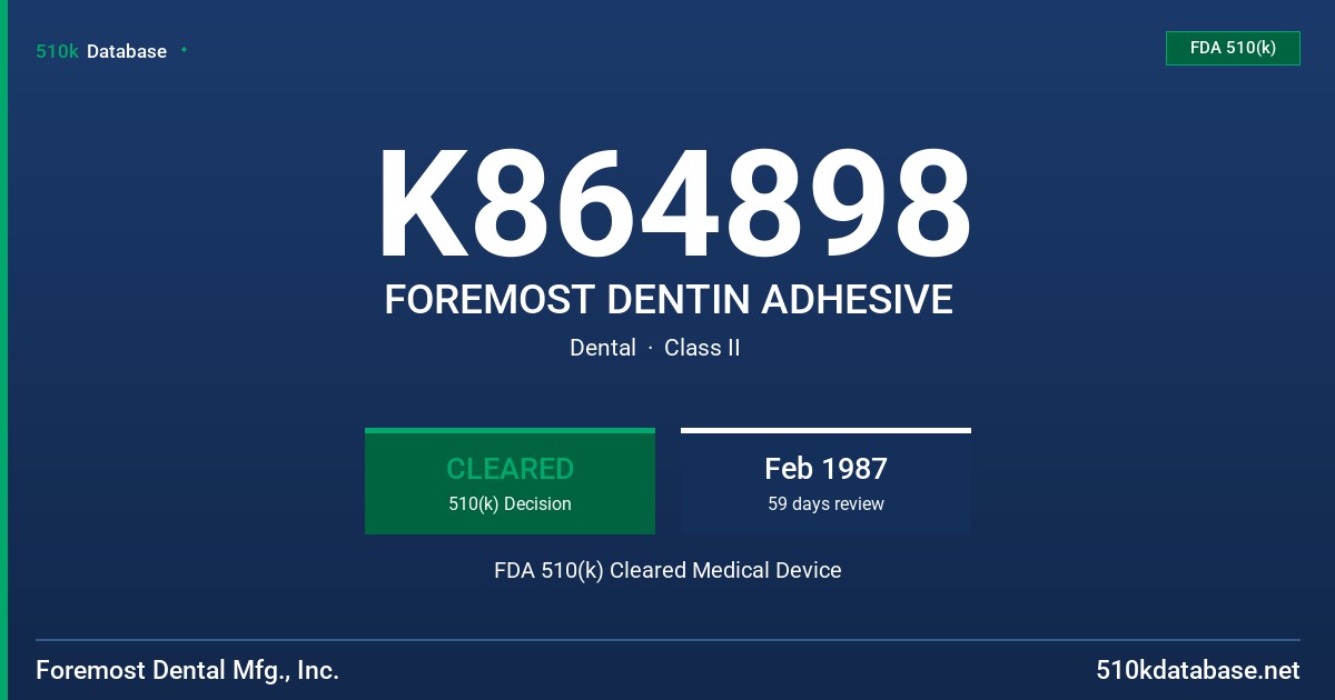 K864898 FOREMOST DENTIN ADHESIVE FDA 510(k) Cleared Medical Device