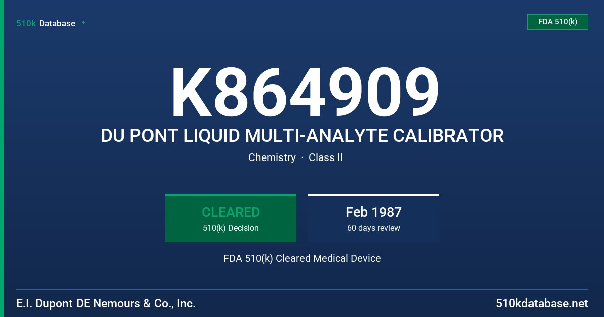 K864909 DU PONT LIQUID MULTI-ANALYTE CALIBRATOR FDA 510(k) Cleared Medical Device