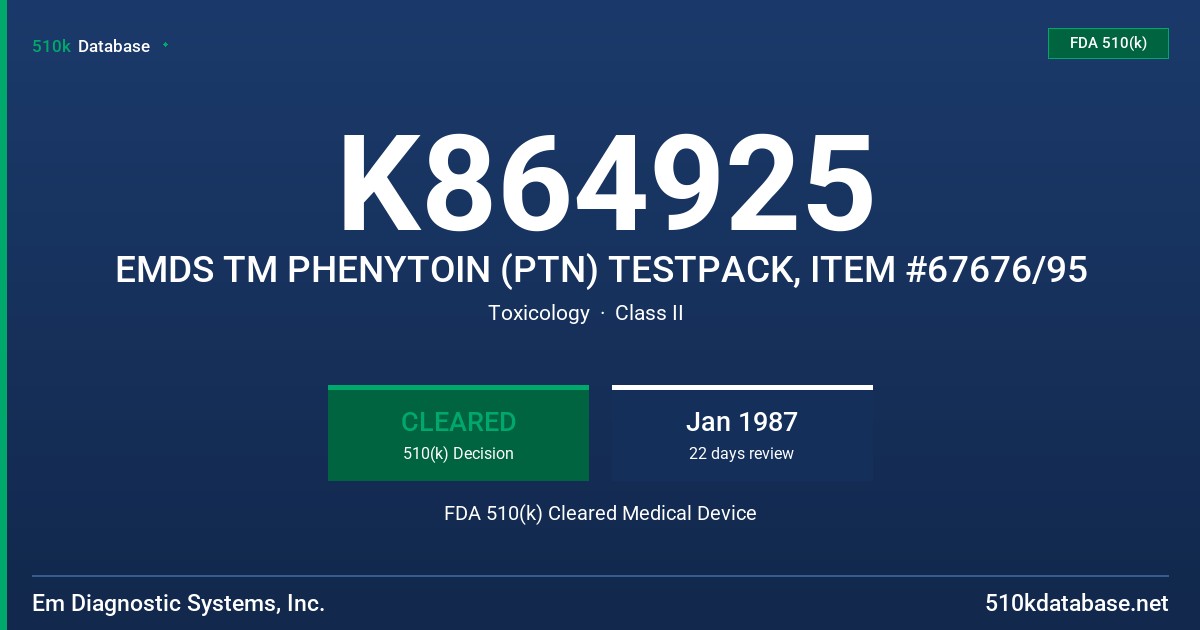 K864925 EMDS TM PHENYTOIN (PTN) TESTPACK, ITEM #67676/95 FDA 510(k) Cleared Medical Device