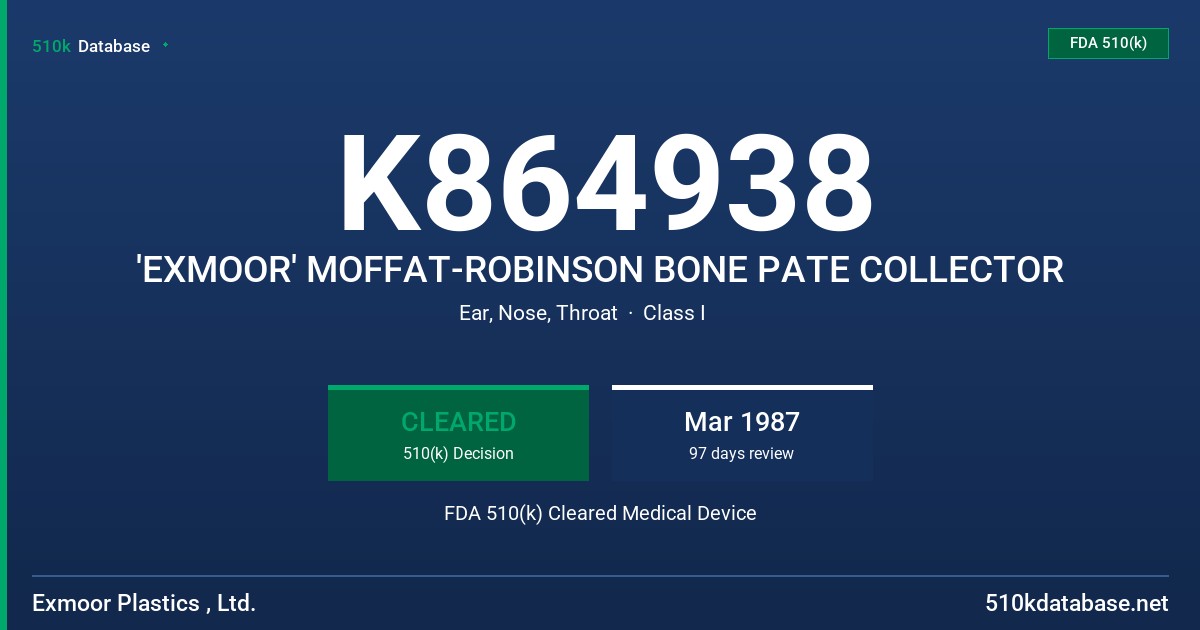 K864938 'EXMOOR' MOFFAT-ROBINSON BONE PATE COLLECTOR FDA 510(k) Cleared Medical Device