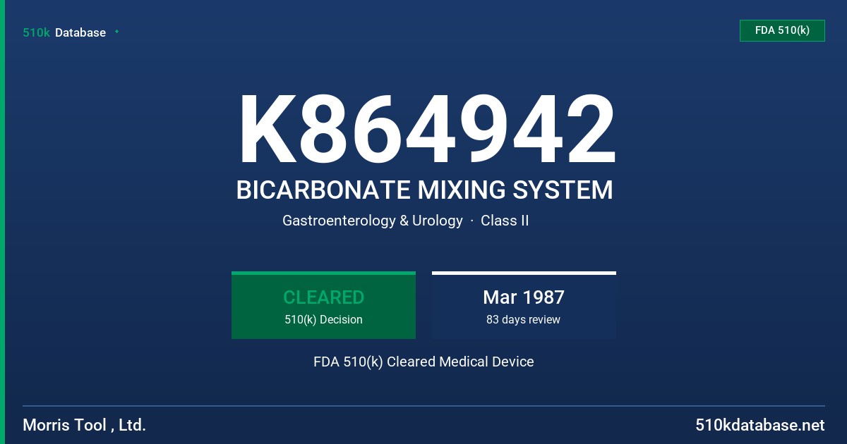 K864942 BICARBONATE MIXING SYSTEM FDA 510(k) Cleared Medical Device