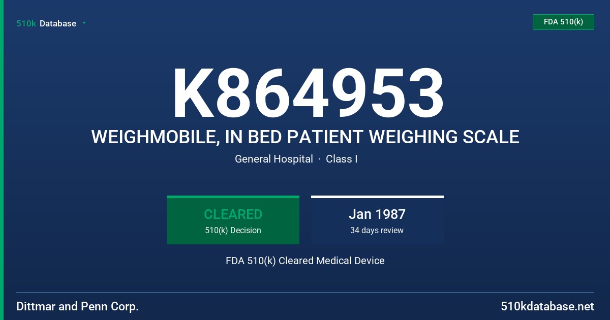 K864953 WEIGHMOBILE, IN BED PATIENT WEIGHING SCALE FDA 510(k) Cleared Medical Device