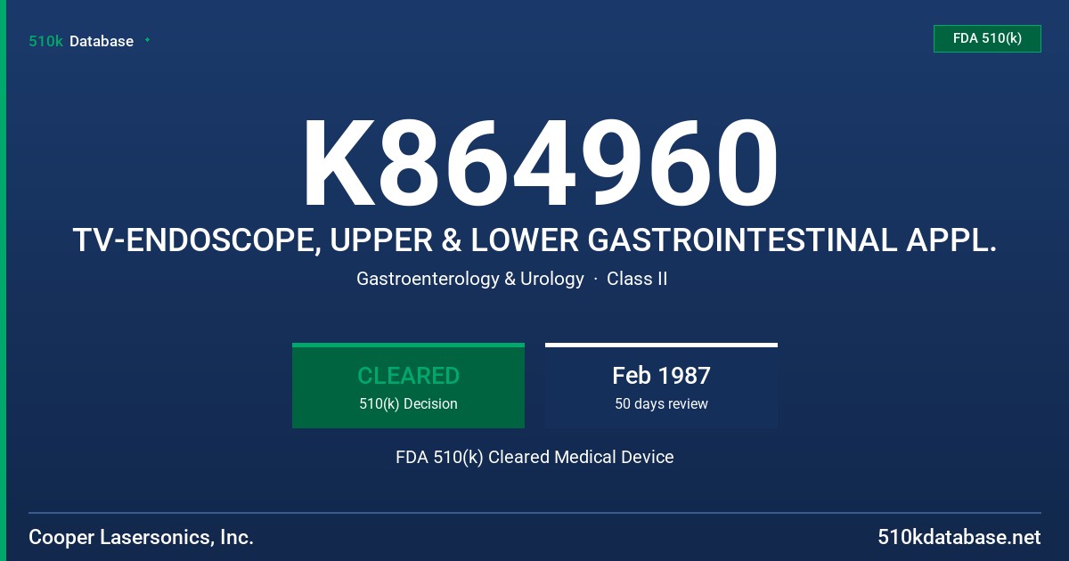 K864960 TV-ENDOSCOPE, UPPER & LOWER GASTROINTESTINAL APPL. FDA 510(k) Cleared Medical Device