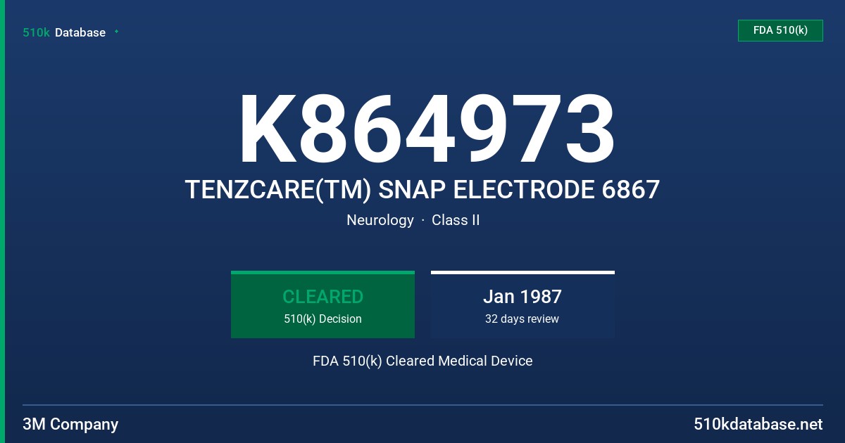 K864973 TENZCARE(TM) SNAP ELECTRODE 6867 FDA 510(k) Cleared Medical Device