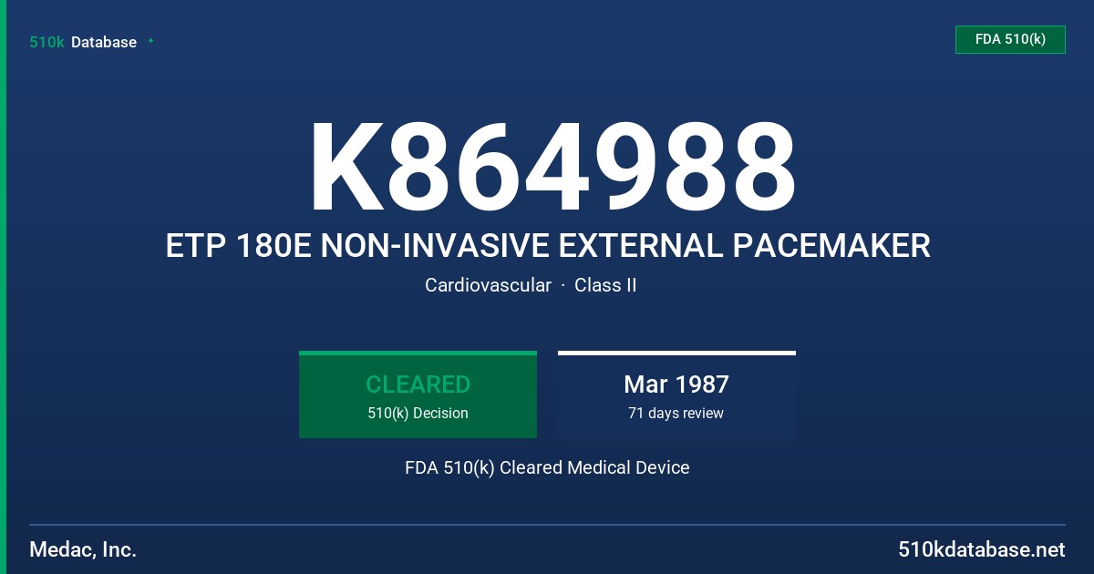 K864988 ETP 180E NON-INVASIVE EXTERNAL PACEMAKER FDA 510(k) Cleared Medical Device