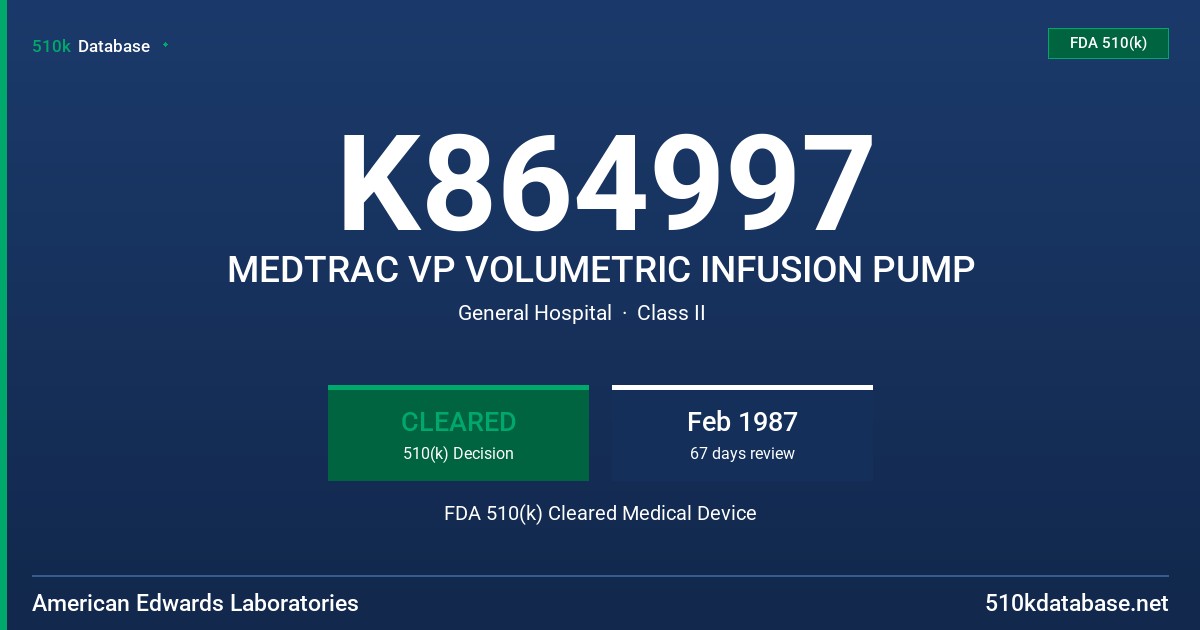 K864997 MEDTRAC VP VOLUMETRIC INFUSION PUMP FDA 510(k) Cleared Medical Device