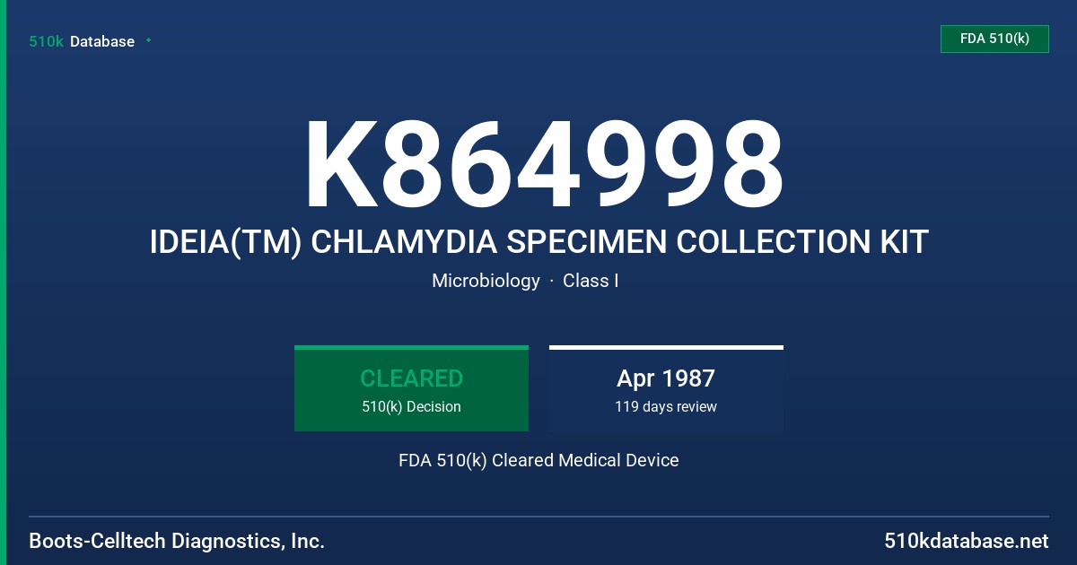 K864998 IDEIA(TM) CHLAMYDIA SPECIMEN COLLECTION KIT FDA 510(k) Cleared Medical Device