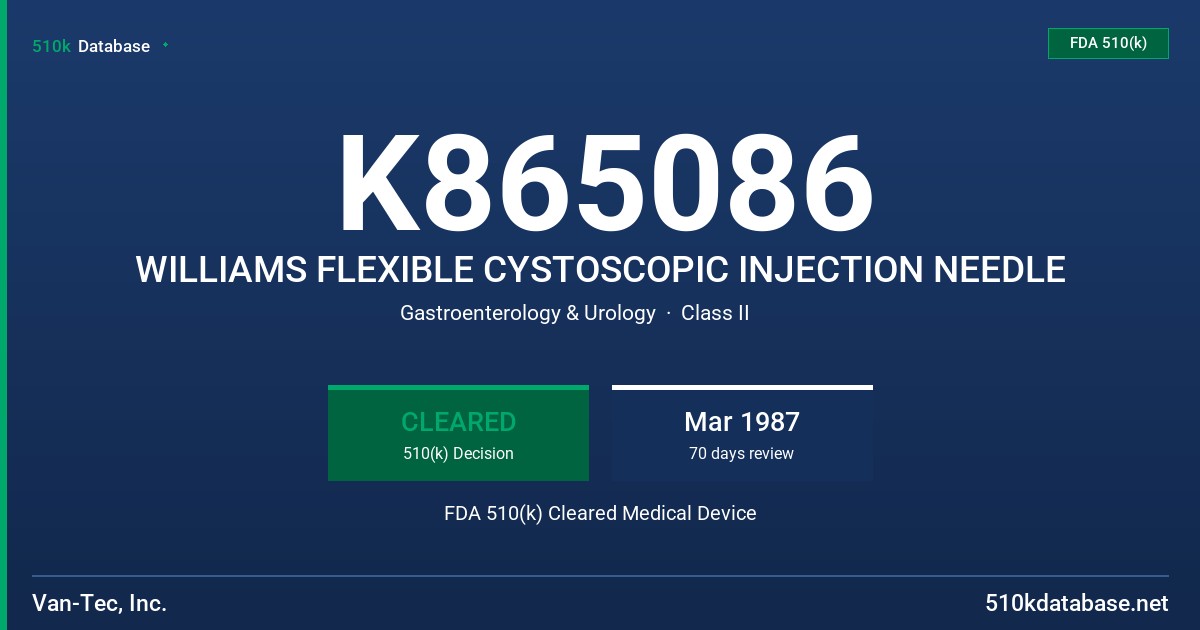 K865086 WILLIAMS FLEXIBLE CYSTOSCOPIC INJECTION NEEDLE FDA 510(k) Cleared Medical Device