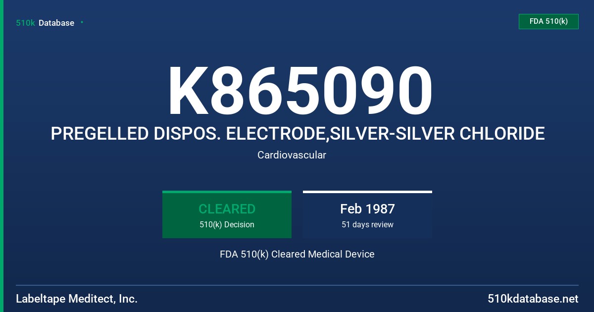 K865090 PREGELLED DISPOS. ELECTRODE,SILVER-SILVER CHLORIDE FDA 510(k) Cleared Medical Device