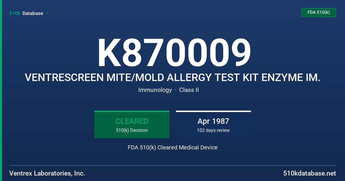 K870009 VENTRESCREEN MITE/MOLD ALLERGY TEST KIT ENZYME IM. FDA 510(k) Cleared Medical Device