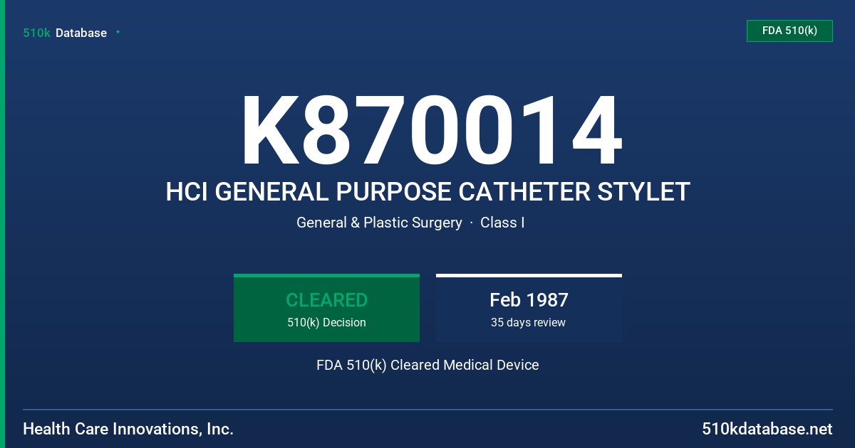 K870014 HCI GENERAL PURPOSE CATHETER STYLET FDA 510(k) Cleared Medical Device