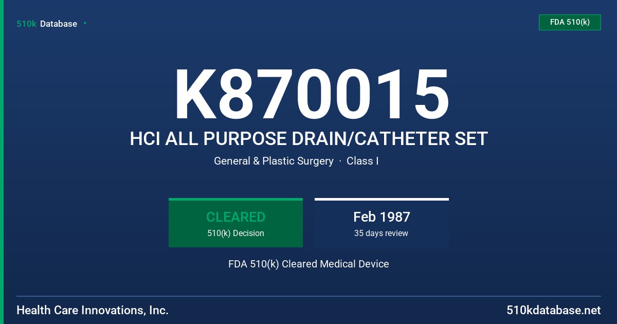 K870015 HCI ALL PURPOSE DRAIN/CATHETER SET FDA 510(k) Cleared Medical Device