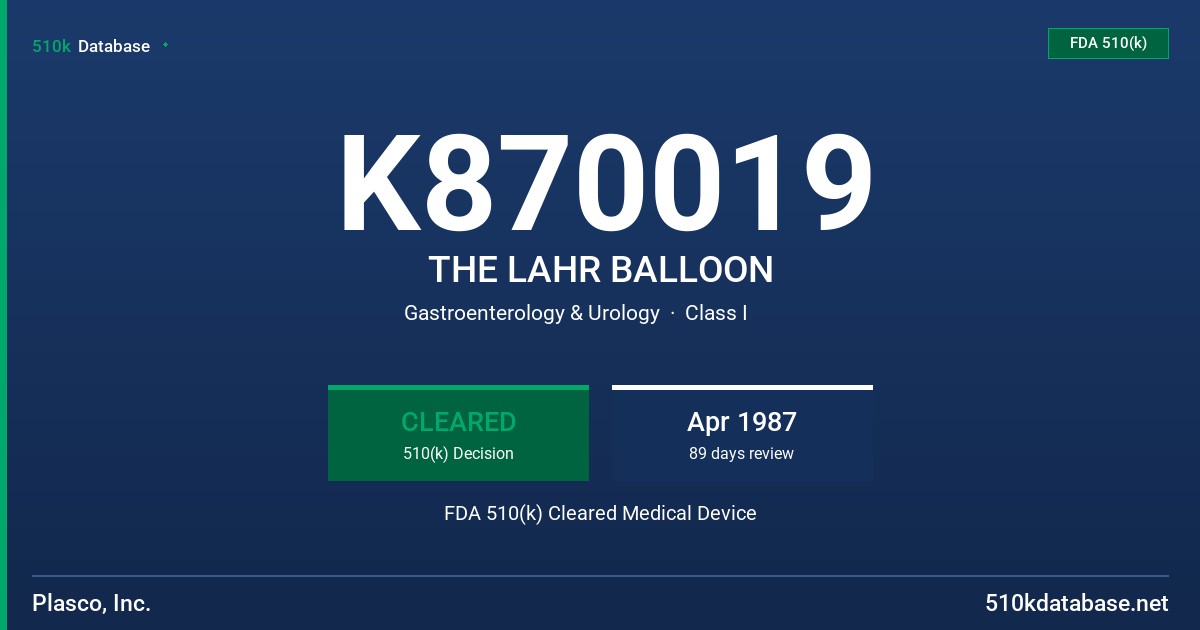K870019 THE LAHR BALLOON FDA 510(k) Cleared Medical Device