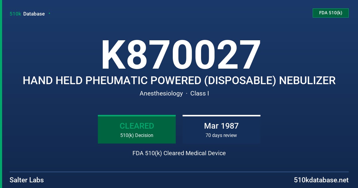 K870027 HAND HELD PHEUMATIC POWERED (DISPOSABLE) NEBULIZER FDA 510(k) Cleared Medical Device