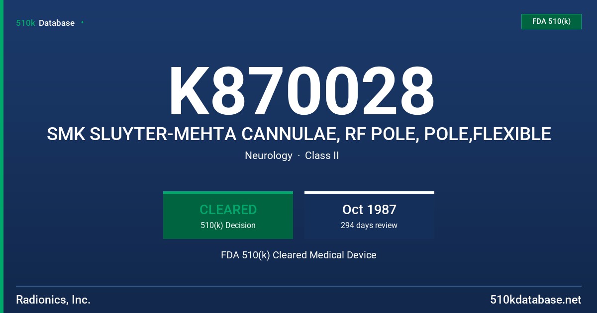 K870028 SMK SLUYTER-MEHTA CANNULAE, RF POLE, POLE,FLEXIBLE FDA 510(k) Cleared Medical Device