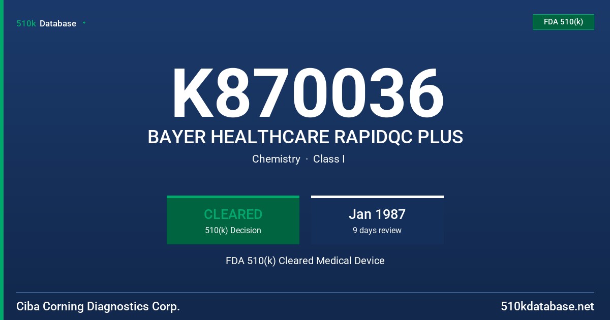 K870036 BAYER HEALTHCARE RAPIDQC PLUS FDA 510(k) Cleared Medical Device