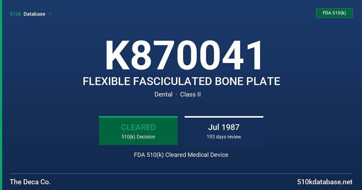 K870041 FLEXIBLE FASCICULATED BONE PLATE FDA 510(k) Cleared Medical Device