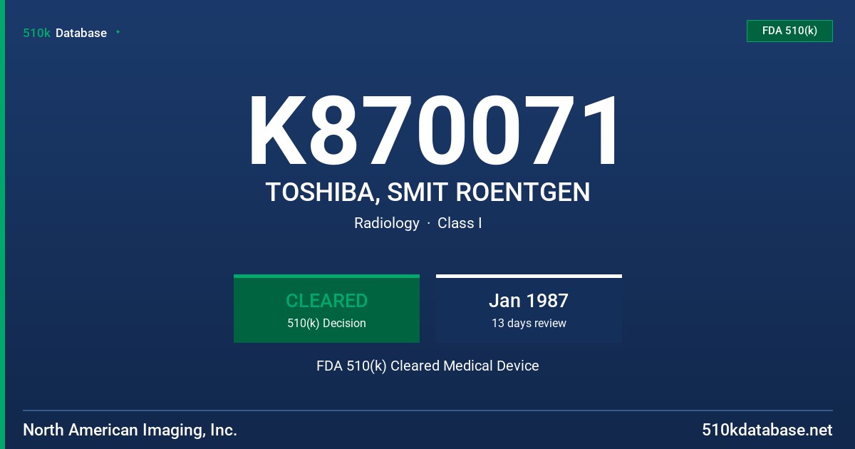 K870071 TOSHIBA, SMIT ROENTGEN FDA 510(k) Cleared Medical Device