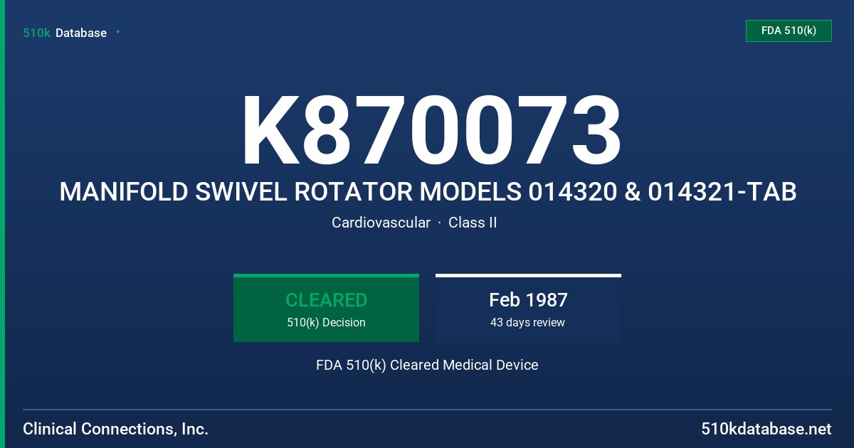 K870073 MANIFOLD SWIVEL ROTATOR MODELS 014320 & 014321-TAB FDA 510(k) Cleared Medical Device