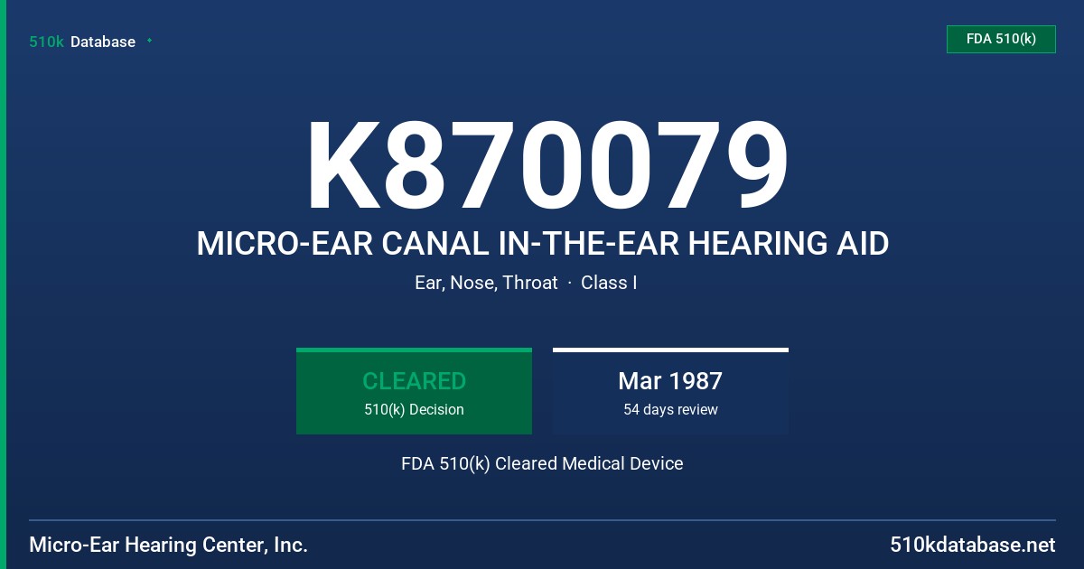 K870079 MICRO-EAR CANAL IN-THE-EAR HEARING AID FDA 510(k) Cleared Medical Device