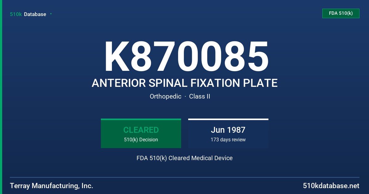 K870085 ANTERIOR SPINAL FIXATION PLATE FDA 510(k) Cleared Medical Device