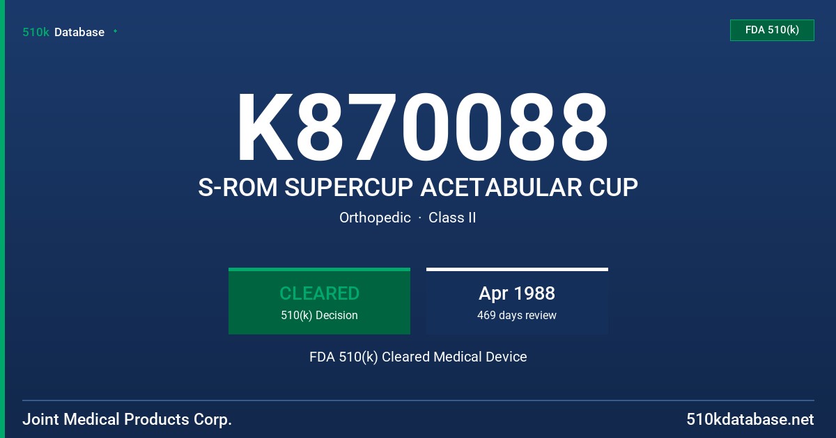 K870088 S-ROM SUPERCUP ACETABULAR CUP FDA 510(k) Cleared Medical Device