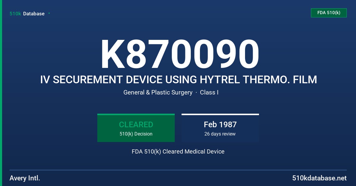 K870090 IV SECUREMENT DEVICE USING HYTREL THERMO. FILM FDA 510(k) Cleared Medical Device