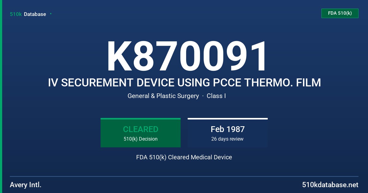 K870091 IV SECUREMENT DEVICE USING PCCE THERMO. FILM FDA 510(k) Cleared Medical Device