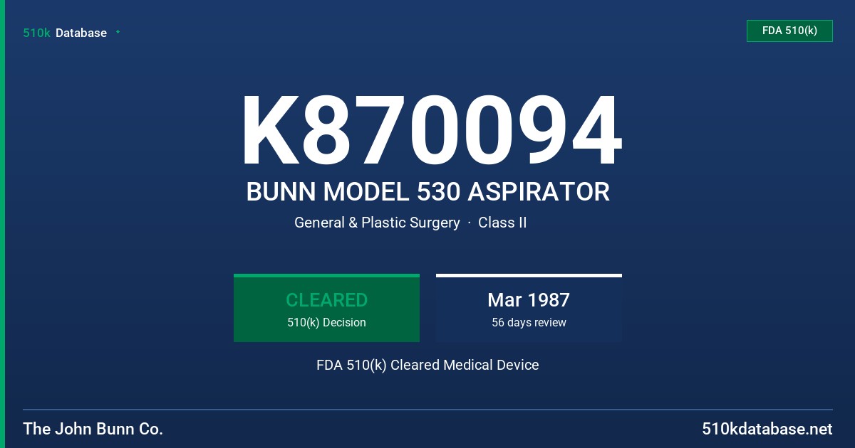 K870094 BUNN MODEL 530 ASPIRATOR FDA 510(k) Cleared Medical Device