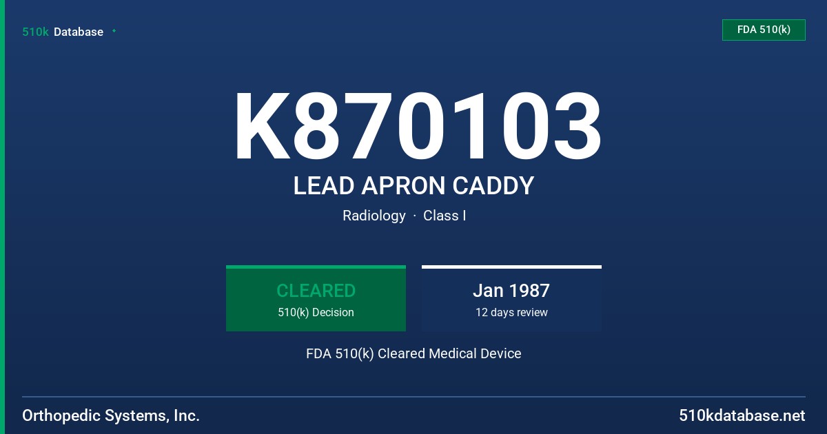 K870103 LEAD APRON CADDY FDA 510(k) Cleared Medical Device