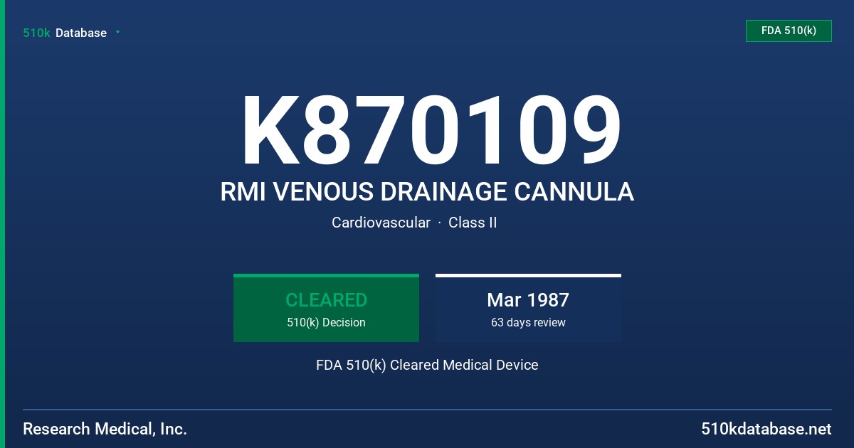 K870109 RMI VENOUS DRAINAGE CANNULA FDA 510(k) Cleared Medical Device