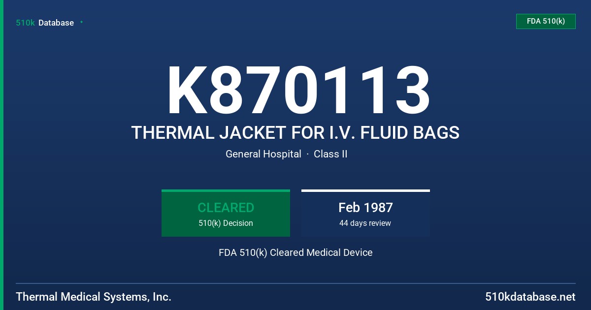 K870113 THERMAL JACKET FOR I.V. FLUID BAGS FDA 510(k) Cleared Medical Device