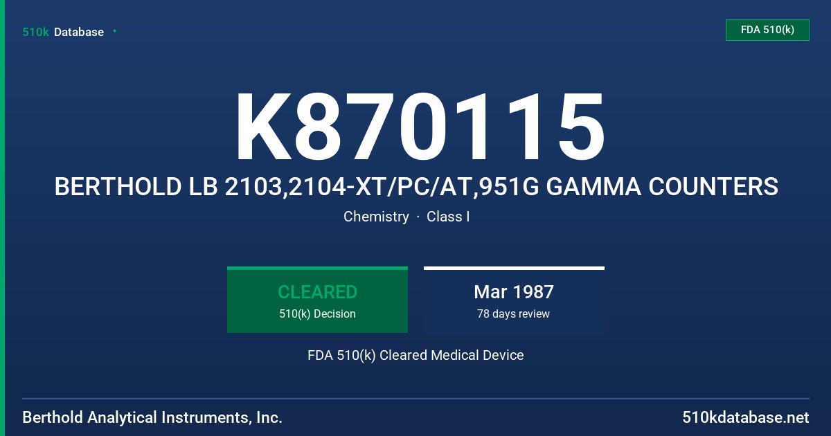 K870115 BERTHOLD LB 2103,2104-XT/PC/AT,951G GAMMA COUNTERS FDA 510(k) Cleared Medical Device