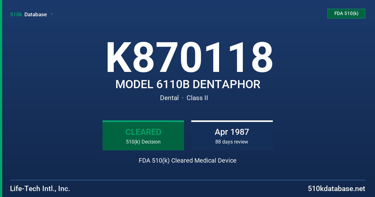 K870118 MODEL 6110B DENTAPHOR FDA 510(k) Cleared Medical Device