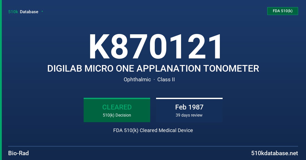 K870121 DIGILAB MICRO ONE APPLANATION TONOMETER FDA 510(k) Cleared Medical Device