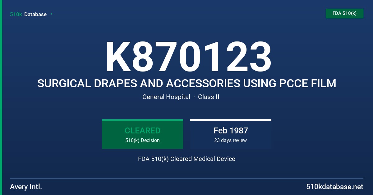K870123 SURGICAL DRAPES AND ACCESSORIES USING PCCE FILM FDA 510(k) Cleared Medical Device