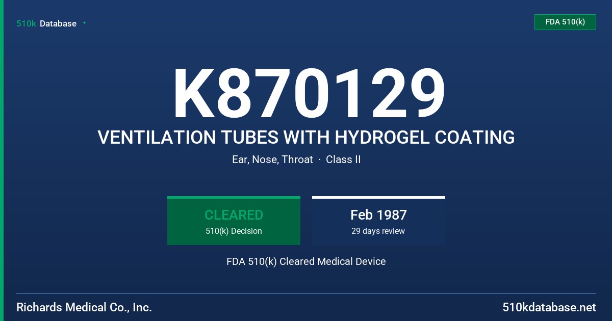 K870129 VENTILATION TUBES WITH HYDROGEL COATING FDA 510(k) Cleared Medical Device