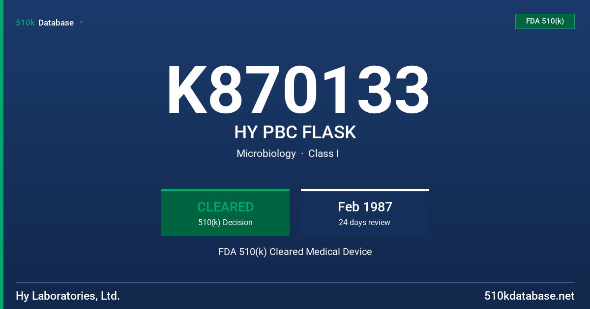 K870133 HY PBC FLASK FDA 510(k) Cleared Medical Device
