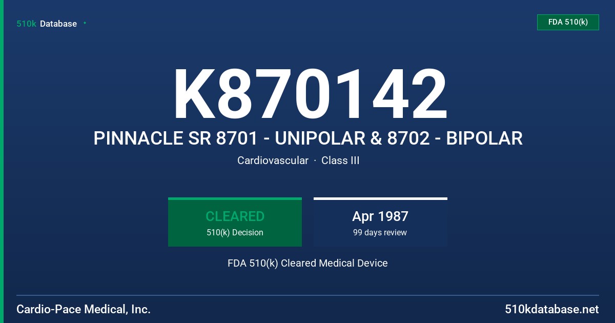 K870142 PINNACLE SR 8701 - UNIPOLAR & 8702 - BIPOLAR FDA 510(k) Cleared Medical Device
