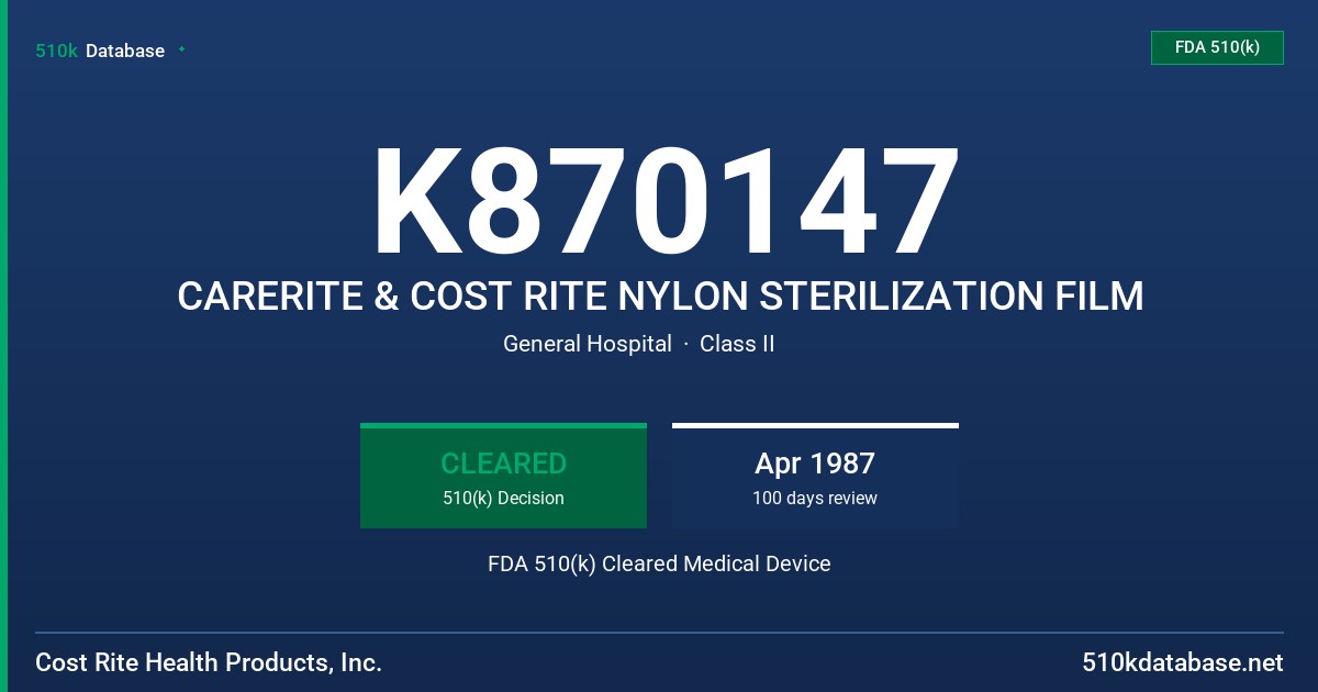 K870147 CARERITE & COST RITE NYLON STERILIZATION FILM FDA 510(k) Cleared Medical Device