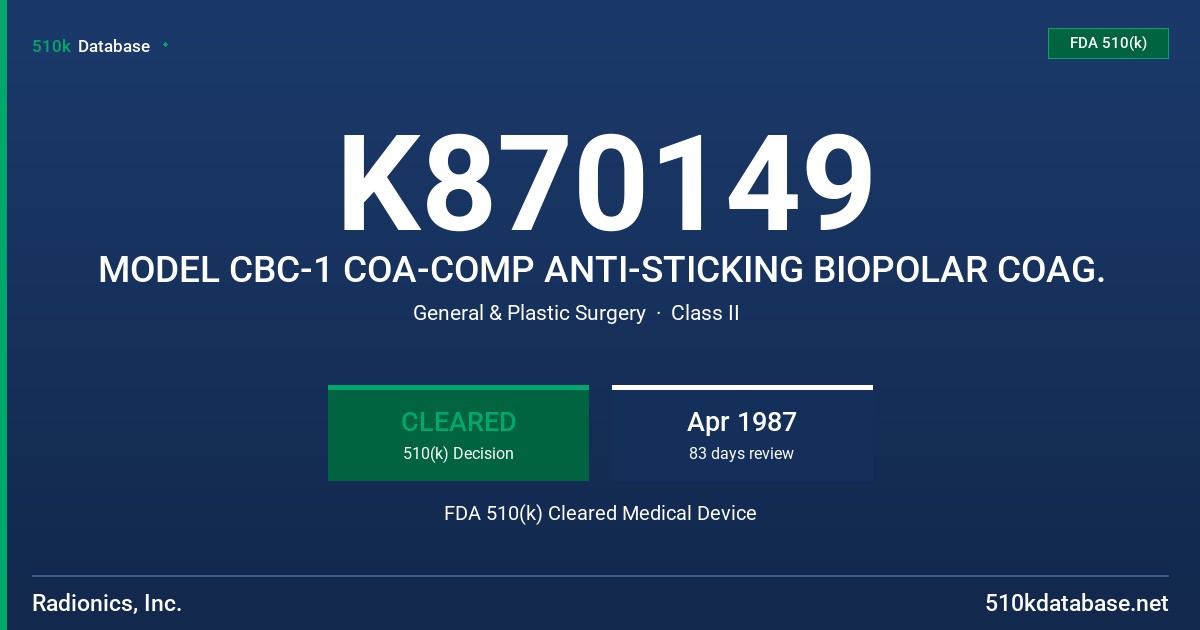 K870149 MODEL CBC-1 COA-COMP ANTI-STICKING BIOPOLAR COAG. FDA 510(k) Cleared Medical Device