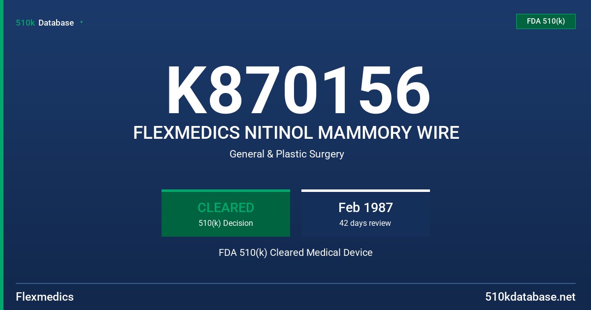 K870156 FLEXMEDICS NITINOL MAMMORY WIRE FDA 510(k) Cleared Medical Device