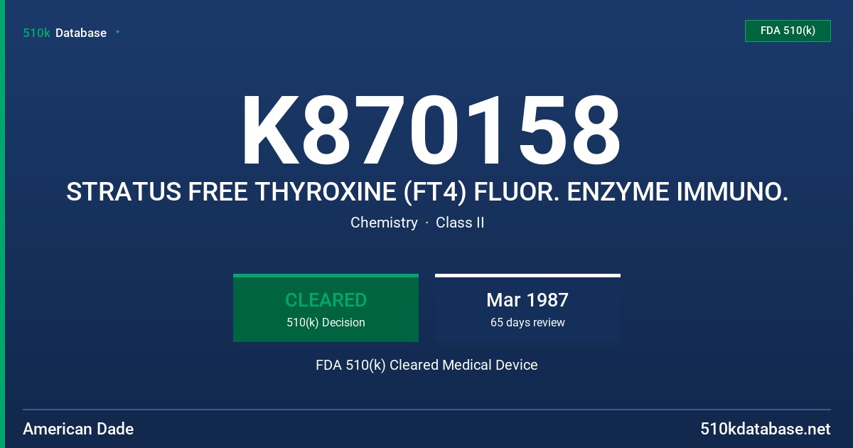 K870158 STRATUS FREE THYROXINE (FT4) FLUOR. ENZYME IMMUNO. FDA 510(k) Cleared Medical Device