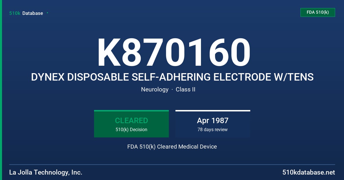 K870160 DYNEX DISPOSABLE SELF-ADHERING ELECTRODE W/TENS FDA 510(k) Cleared Medical Device