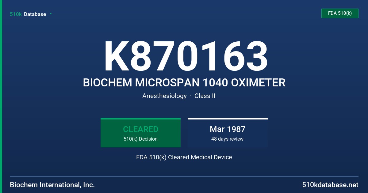 K870163 BIOCHEM MICROSPAN 1040 OXIMETER FDA 510(k) Cleared Medical Device