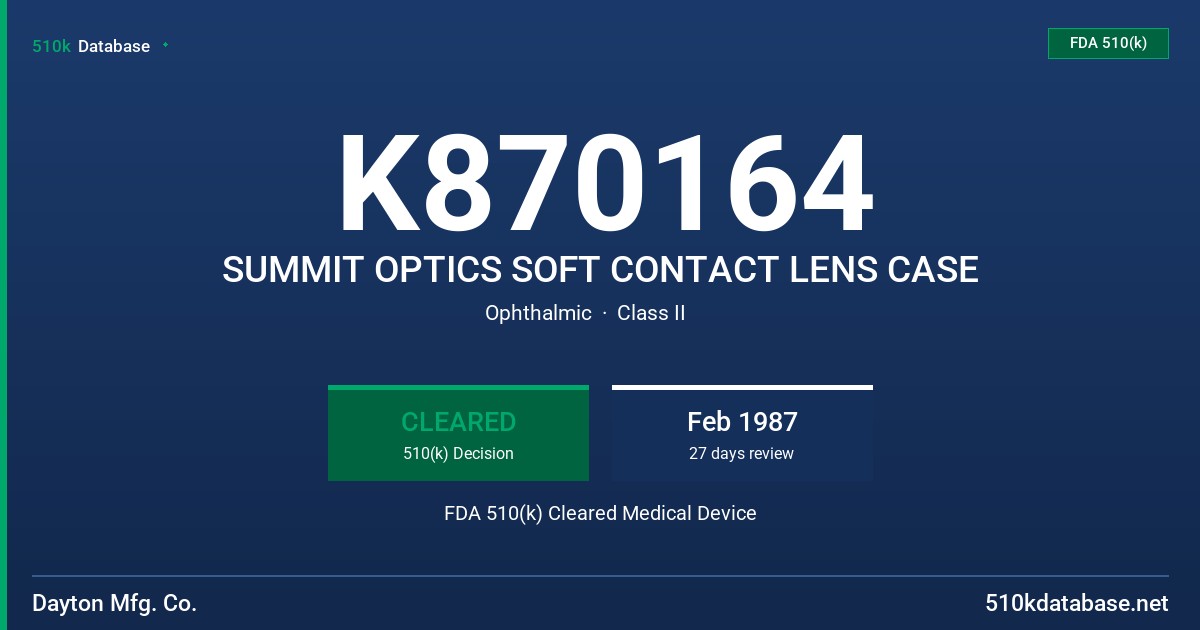 K870164 SUMMIT OPTICS SOFT CONTACT LENS CASE FDA 510(k) Cleared Medical Device