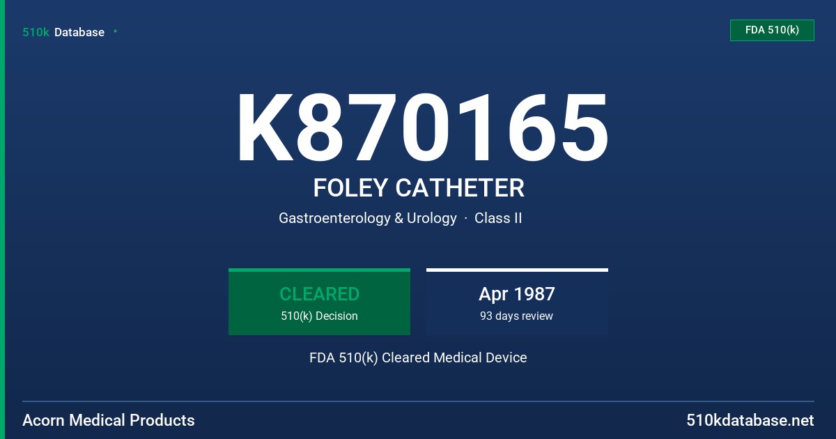K870165 FOLEY CATHETER FDA 510(k) Cleared Medical Device