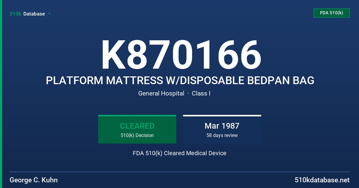 K870166 PLATFORM MATTRESS W/DISPOSABLE BEDPAN BAG FDA 510(k) Cleared Medical Device