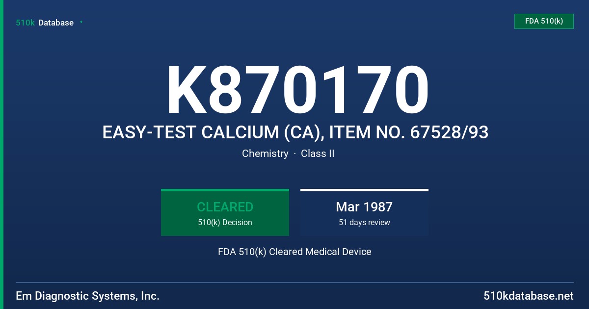 K870170 EASY-TEST CALCIUM (CA), ITEM NO. 67528/93 FDA 510(k) Cleared Medical Device
