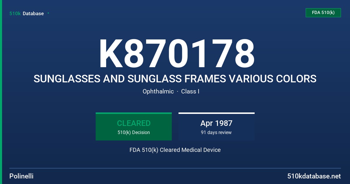 K870178 SUNGLASSES AND SUNGLASS FRAMES VARIOUS COLORS FDA 510(k) Cleared Medical Device